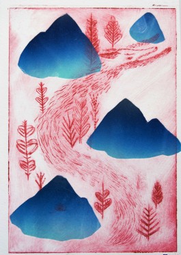 Gravure à la ponte sèche : Flânerie dans les terrils. Virginie Contier et waii-waii