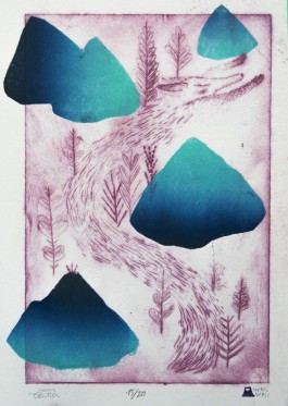 Gravure à la ponte sèche : Flânerie dans les terrils. Virginie Contier et waii-waii