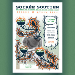 affiche illustrée pas Virginie Contier. Soirée de soutien aux bléssé·es de sainte-soline 